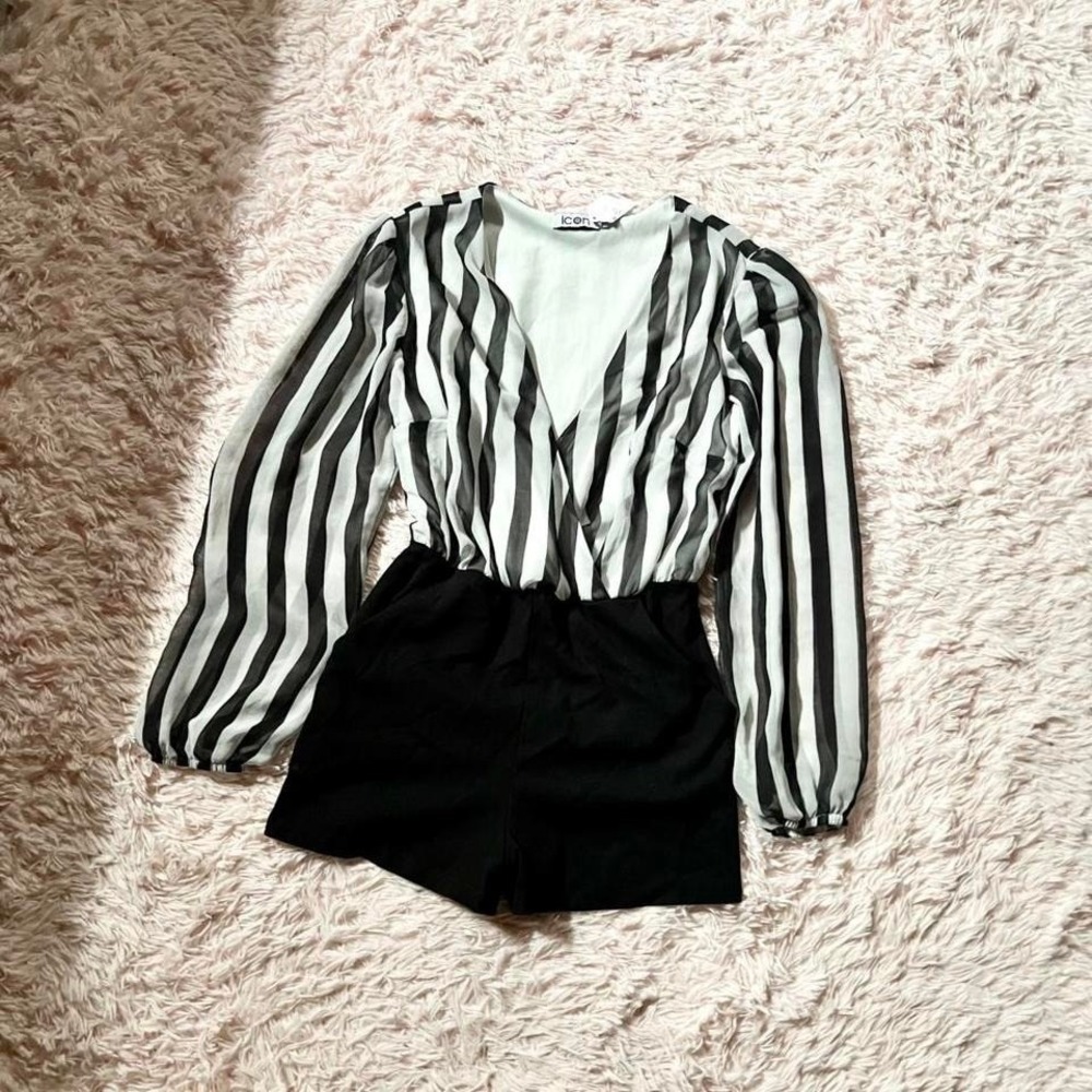 Monochrome Striped Edgy Punk Referee Puff‎ Sleeve Romper Womens M Varsity Retro
